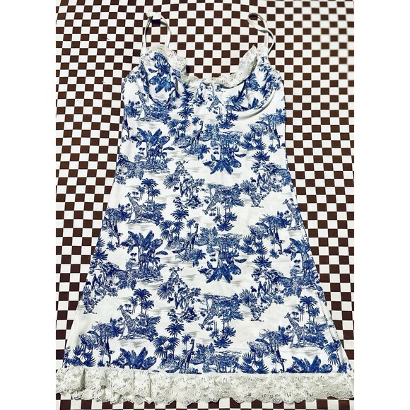 New Women White Blue Tropical print Dress Adjustable Strap Underwired Size small - Picture 1 of 9